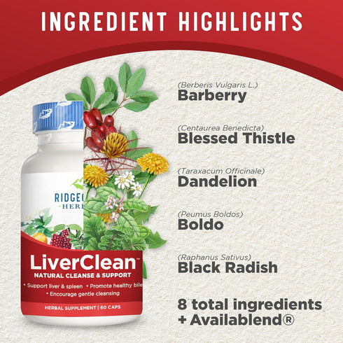 Ridgecrest Herbals LiverClean, Herbal Liver Support Supplement, Blessed Thistle, Dandelion, Detox, Cleanse Support, Healthy Bile (60 Caps, 30 Serv...