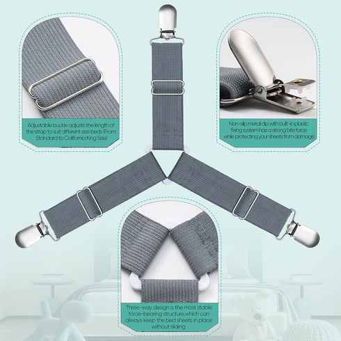 Bed Sheet Straps, Easy to Install Sheet Straps, Fitted Sheet Clips, Adjustable Sheet Fasteners, Say Goodbye to The Messy Sheets (Gray-4 Pcs)...