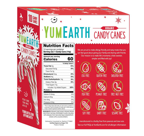 YumEarth Organic Candy Canes - Individually Wrapped Full Size Peppermint Candy Canes - Allergy Friendly, Non GMO, Gluten Free, Vegan - 10 Count (P...