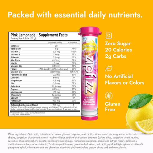 Zipfizz Daily Energy Drink Powder, Pink Lemonade, 12 Pack | 3-in-1 Sustained Energy, Rapid Hydration, and Essential Vitamins | Sugar-Free | Electr...