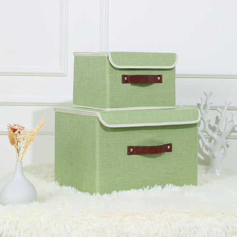 Collapsible Storage Bins with Lids & PU Leather Handles - PP Plastic Board Washable Linen Fabric Storage Box, Foldable Storage Cube for Home Bedro...