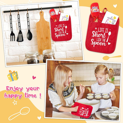 Baking Gift Pot Holder Set - R HORSE 3Pcs Red Baking Pot Holder with Silicone Spatula Greeting Card Heat Resistant Oven Mitts Kitchen Baking Gift ...