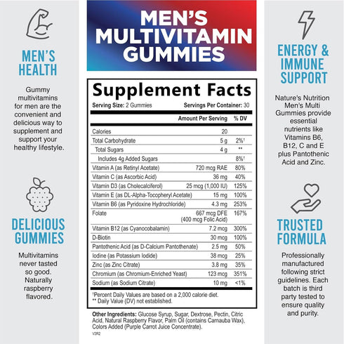 Nature's Multivitamin for Men Gummies - Berry Flavored Mens Multivitamins Daily Supplement with Vitamins A, C, D, E, B6, B12, & Zinc - Gummy Vitam...