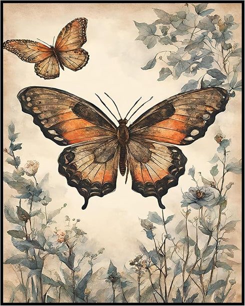 Posterizer 1 pcs- Two orange butterflies with blue wild flowers-Art for Animal Lovers-Floral Botanical Art- Gift for Men Women Teens-Decor for Ho...