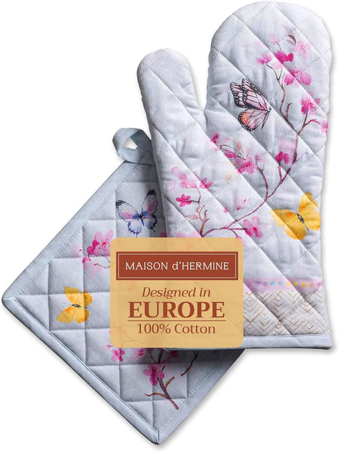 Maison d' Hermine 100% Cotton Oven Mitt & Pot Holder Set (7.5"x13" & 8"x8") Heat Resistant BBQ Cooking Gloves with Loop, Baking, Grilling, Kitchen...