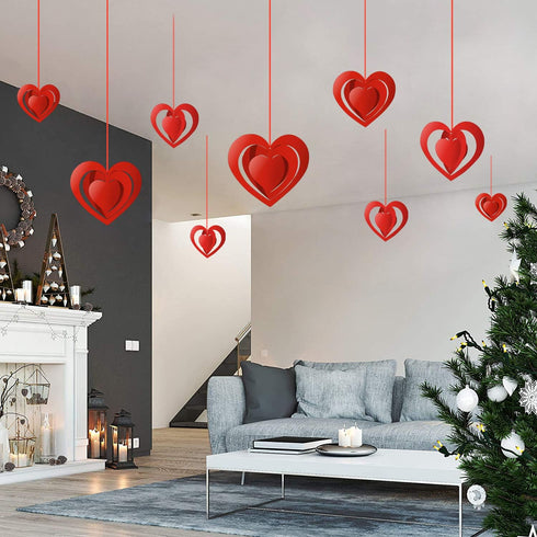 15 Pieces Valentine's Day 3D Heart Hanging Decorations Red Hearts Hanging Ornaments with Red Ribbons Party Supplies for Indoor Outdoor Bridal Show...