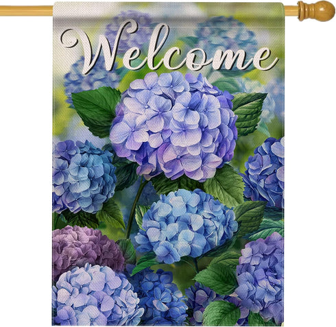 Welcome Spring Floral Flowers House Flag Double Sided, Hydrangea Decorative Garden Yard Outdoor Large Decor, Summer Farmhouse Burlap Home Outside ...