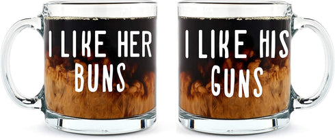 AW Fashions I Like His Guns, I Like Her Buns Couples Mug - Funny Couple Mug - (2) 13OZ Glass Coffee Mug - Funny Mug Set - Mugs For boyfriend and G...