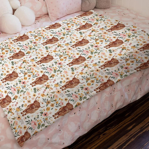 Highland Cow Floral Boho Retro Baby Blanket Girls Gift, Western Farm Animal Yak Flower Flannel Fleece Nursery Bed Blankets, Soft Lightweight Newbo...