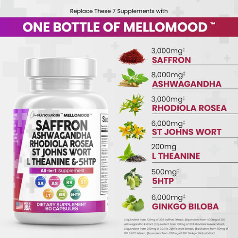 Clean Saffron Supplements with Ashwagandha 8000mg - Mood Support with L-Theanine 200mg, Ginkgo Biloba 6000mg, St. John's Wort 6000mg, Rhodiola Ros...