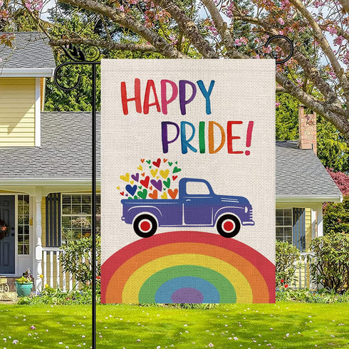 Rainbow Garden Flag Rainbow Truck Vertical Double Sided Happy Pride Flag LGBT Lesbian Gay Transgender Pansexual Flag Farmhouse Yard Outdoor Lawn D...