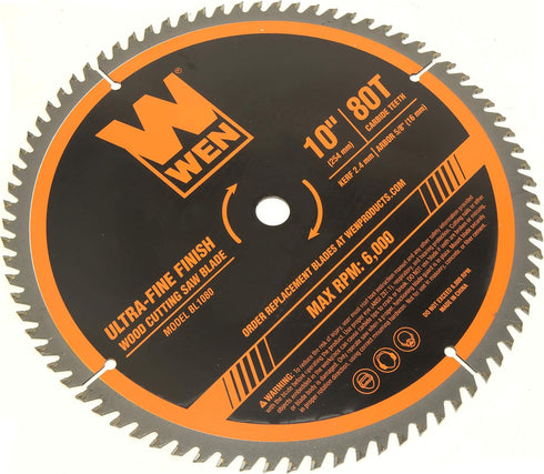 WEN BL1080 10-Inch 80-Tooth Carbide-Tipped Ultra-Fine Finish Professional Woodworking Saw Blade for Miter Saws and Table Saws...