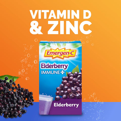 Emergen-C Immune+ Vitamin C 1000mg (18 Count, Elderberry) Dietary Supplement Fizzy Drink Mix Powder Packets...