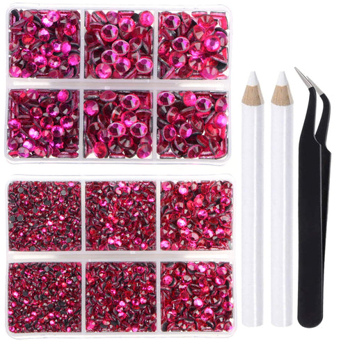 LPBeads 6400 Pieces Hotfix Fuchsia Rhinestones Flat Back 5 Mixed Sizes Crystal Round Glass Gems with Tweezers and Picking Rhinestones Pen...
