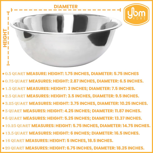 YBM HOME Stainless Steel Mixing Bowl - Premium Polished Mirror Nesting Metal Bowl for Cooking and Serving, Stackable for Convenient Storage 1191 (...