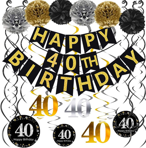 Black & Gold Glittery Happy 40th Birthday Banner,Poms,Sparkling 40 Hanging Swirls Kit for 40th Birthday Party 40th Anniversary Decorations...