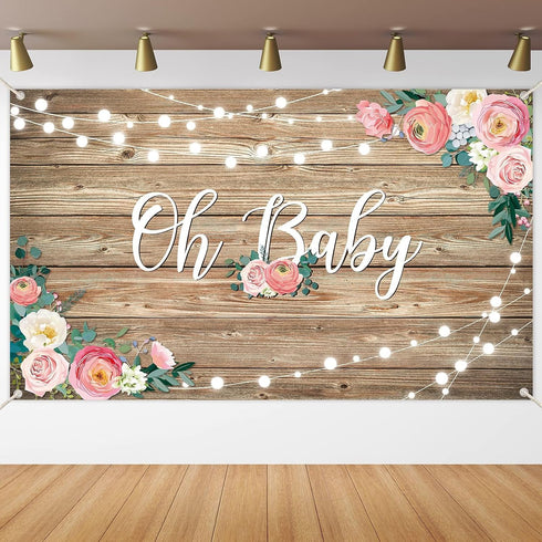 Rustic Wood Baby Shower Backdrop Banner Oh Baby Floral Baby Shower Decorations Background for Girls and Boys Wood Floor Flower Wall Newborn Birthd...