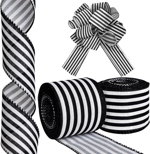 Ribbon for Crafts Wired - Black and White Striped Polyester Wired Ribbon, 2 Rolls 10 Yards 2.5 Inch Wired Ribbon, Christmas Ribbon Wired, Craft Ri...
