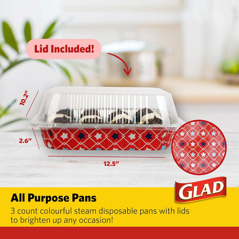 Glad Disposable Aluminum All Purpose Pans in Red, White & Blue Stars, 3ct with Lids - Printed Colorful Foil Steam Pans - 12.5” x 10.2” x 2.16” Alu...