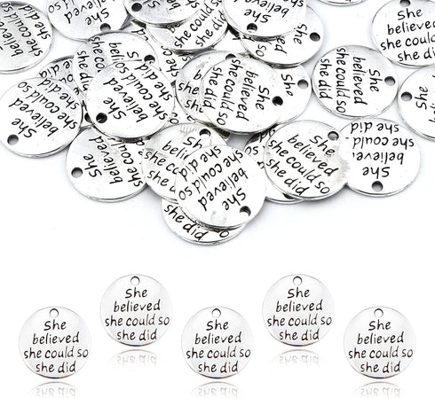 JIALEEY 30pcs Alloy She believed she could so she did DIY Message Charms Pendant for Crafting Bracelet Necklace Jewelry Making Accessory, Antique ...