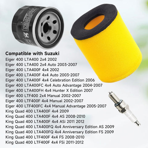 Air Filter 13780-03G00 Oil Filter 1651003G00 with Spark Plug Replacement for Suzuki Eiger 400 LTA400 2x4 / LTA400F 4x4 Auto 2003-2007,King Quad 40...