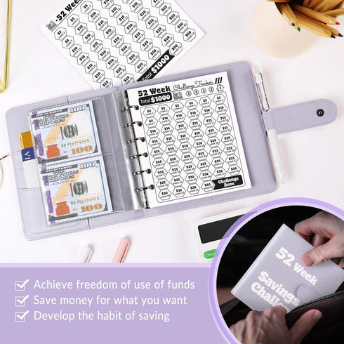 52 Week Money Saving Challenge Binder, A7 Savings Challenges Books with Envelopes, Money Saving Budget Binder for Saving $1000, Purple...