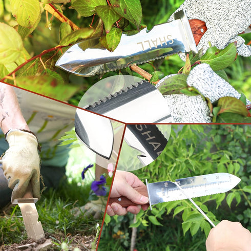 SHALL Hori Hori Garden Knife, Gardening Knife with Leather Sheath, Rosewood Handle & Hide Rope, 7” Stainless Steel Blade, Rope Cutting Edge, for D...