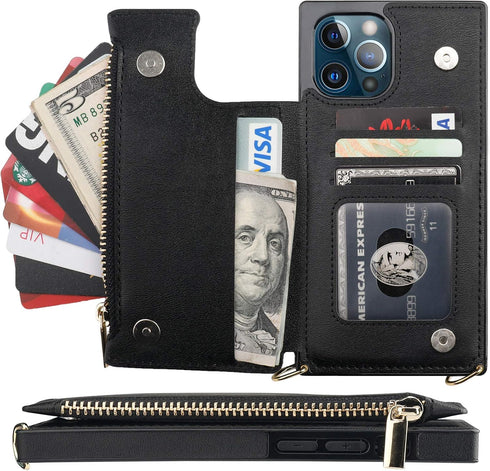 Bocasal Crossbody Wallet Case for iPhone 12 Pro Max with Card Holder,Zipper Card Slot Protector Shockproof Purse Cover with Removable Cross Body S...