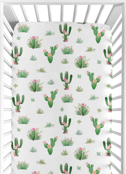 Pink Green Boho Watercolor Baby or Toddler Fitted Crib Sheet for Cactus Floral Collection by Sweet Jojo Designs...