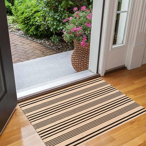 Black and Khaki Door Mat Outdoor Rug 24'' x 35'' Front Porch Rug Washable Entryway Rug Striped Layered Door Mats Hand-Woven Indoor/Outdoor Small A...
