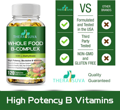 Whole Food B Complex + L-Methylfolate + Probiotics + Digestive Enzymes! High Potency! Vegetarian! for Metabolism, Immune w/Digestive Support! 120 ...