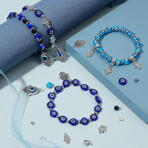 SUNNYCLUE 1 Box 240Pcs 6 String Evil Eye Bracelets Making Kit 8mm/10mm Evil Eye Beads Bulk Lampwork Glass Beads Blue Hamsa Hand Charms for Jewelry...