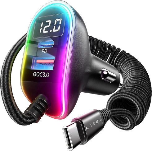 LISEN USB C 96W Super Fast Car Charger PD& QC3.0 with 5.3ft 36W Type C Coiled Cable,Car Phone Charger Adapter for iPhone 15 Pro Max Plus, Samsung ...
