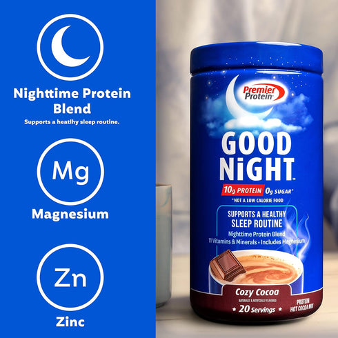 Premier Protein Good Night Protein Powder, Hot Cocoa Mix, 10g Protein, 0g Sugar, 11 Vitamins & Minerals, Nighttime Protein Blend, Magnesium, Zinc,...