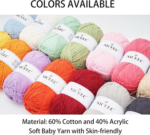 NICEEC 3 Skeins Soft Cotton Yarn 5ply Baby Cotton Yarn for Knitting Crochet Baby Weight Yarn Cotton Blend Yarn Total Length 3×220m(3×240 yds,100g×...