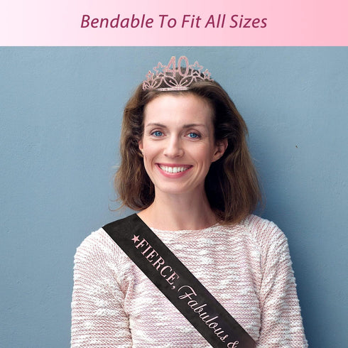 MEANT2TOBE 40 and Fabulous Sash and Tiara Set for Women Forty and Fierce Glitter Sash and Rhinestone Crown - Elegant Accessories for 40th Birthday...