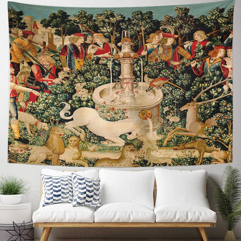 Semtomn Tapestry Artwork Wall Hanging Unicorn Tapestries Medieval Hunt Found Mythical Creatures 60x80 Inches Home Decor Tapestries Mattress Tablec...
