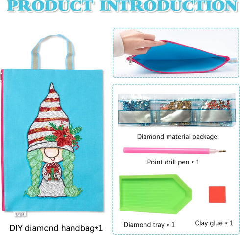 DIY 5D Diamond Painting Kits Handbag Work Bag Gnome Girl Reusable Shopping Storage Tote Bag with Handle Special Shaped Crystal Gems Art Cotton Can...