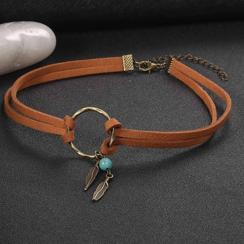 Layering Leather Choker Necklace Indian Feather Leather Choker Coller Necklace Doudal Layer Velvet Choker Necklace Boho Circle Necklace Jewelry fo...