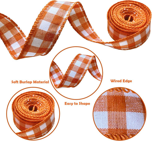 8 Rolls 40 Yards Fall Plaid Ribbon Wired Edge Ribbon Fall Leaves Ribbon Wrapping Craft Ribbon for Thanksgiving Farmhouse Wreath Bows Crafting Supp...