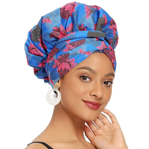 Satin Bonnet for Women, Silk Bonnet for Curly Hair Bonnet for Black Women Satin Hair Ankara African Print Head Scarf Head Wrap (Blue)...