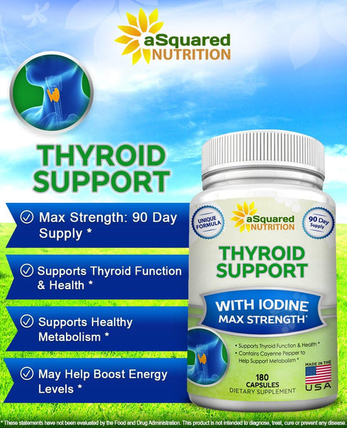 aSquared Nutrition Premium Thyroid Support Supplement with Iodine (180 Capsules) - Best Herbal & Vitamin Complex Pills w/ B12, Ashwagandha, Bladde...