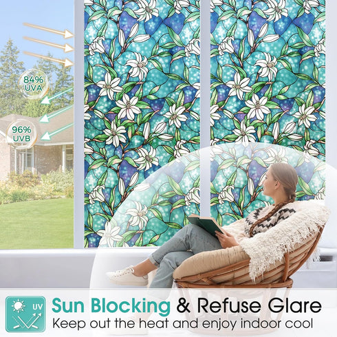 Coavas Decorative Window Privacy Film, Heat Control Sun Blocking Stained Glass Window Film, Floral Design Static Cling, Non Adhesive Windows Tint ...