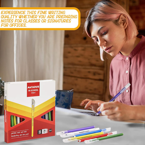Matador HI-SCHOOL Ballpen, Fine-Point (0.6 mm), Black Ink, 6 different Colorful Bodies, Round Barrel Design, Smooth & Instant Writing, 24 Counts...
