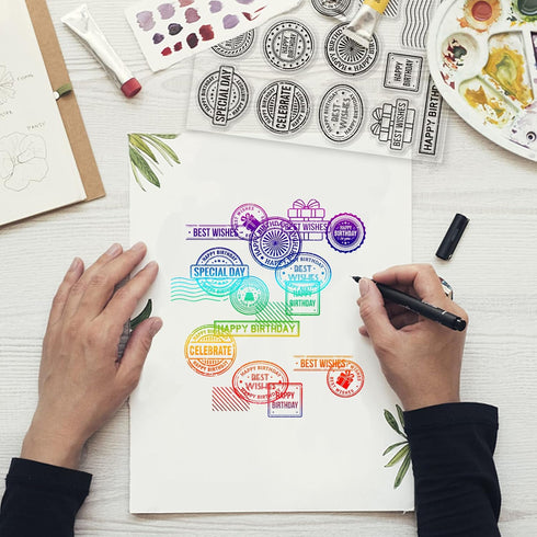 GLOBLELAND Birthday Theme Postmark Clear Stamps for DIY Scrapbooking Label Retro Background Silicone Stamp Seals Journals Decorative Cards Making ...