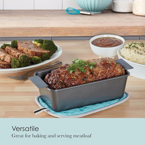 Chicago Metallic 2-Piece Healthy Meatloaf Pan with Draining Insert Professional Grade Non-Stick Carbon Steel Baking Pan with Lift and Serve Featur...