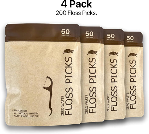 Sea Turtle Dental Floss Picks - (200 Pack Unflavored) - Corn Starch Handle - Thin Thread Tooth Flossers for Adults & Kids...