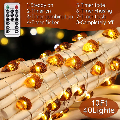 Impress Life Thanksgiving Decoration Acorn String Lights, 10ft Silver Wire 40 LED Battery Powered with Dimmable Remote Timer for Ice Age, Indoor,W...
