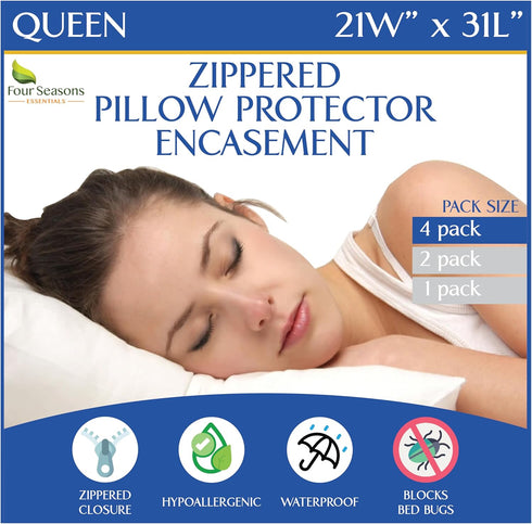 Queen Size Waterproof Pillow Protectors (Set of 4) – Zippered Allergy Pillowcase Cover Dust Proof Encasement...