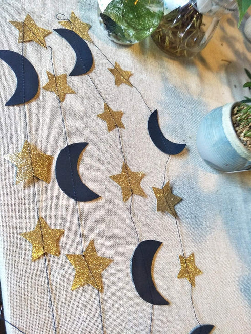 Moon and Star Garland Decorations - Navy Gold Glitter Outer Space Birthday Party Hanging Decorations for Honey Moon Wedding Engagement and Baby Sh...
